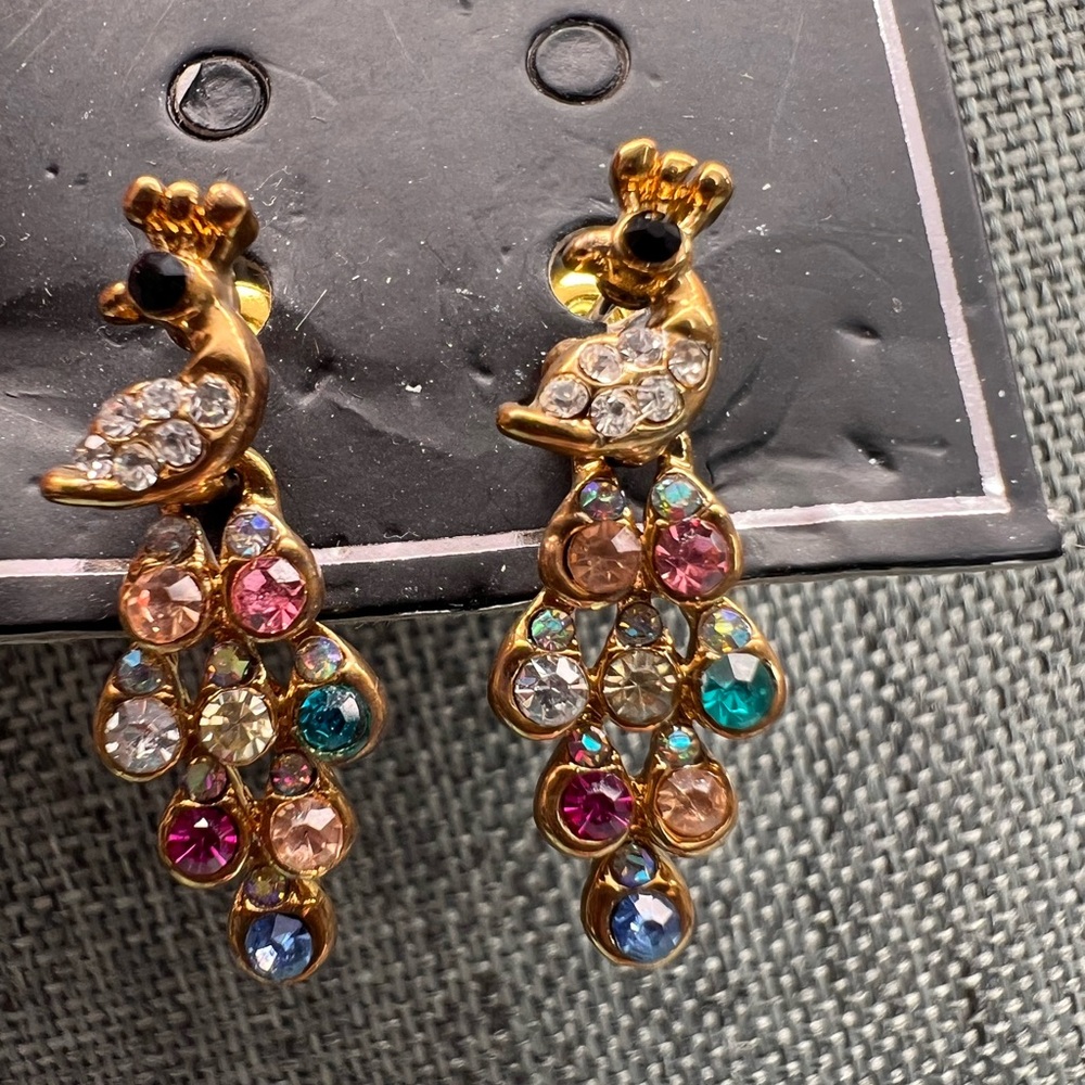 Gold Peacock Earrings with Colorful Cubic Zirconia crystals